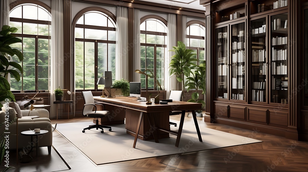 Interior Design, a perspective of of a study room with mahogany walls and a large desk of walnut wood, large windows with natural light, Light colors, plants, modern furniture, classical interior desi