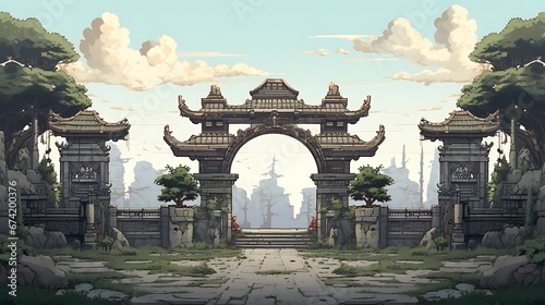chinese gate, style of owlboy pixel art