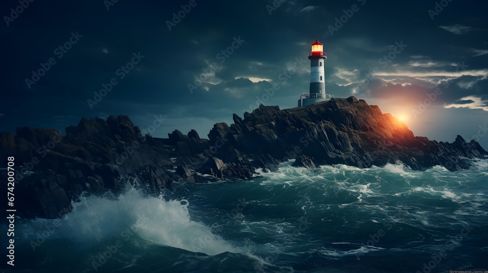 Picturesque coastal lighthouse perched atop rocky cliffs, guiding ships with its steadfast beacon in the night. Ai Generated.NO.04