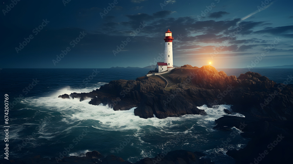 Picturesque coastal lighthouse perched atop rocky cliffs, guiding ships with its steadfast beacon in the night. Ai Generated.NO.02