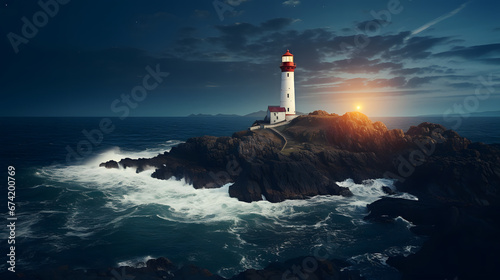 Picturesque coastal lighthouse perched atop rocky cliffs, guiding ships with its steadfast beacon in the night. Ai Generated.NO.02