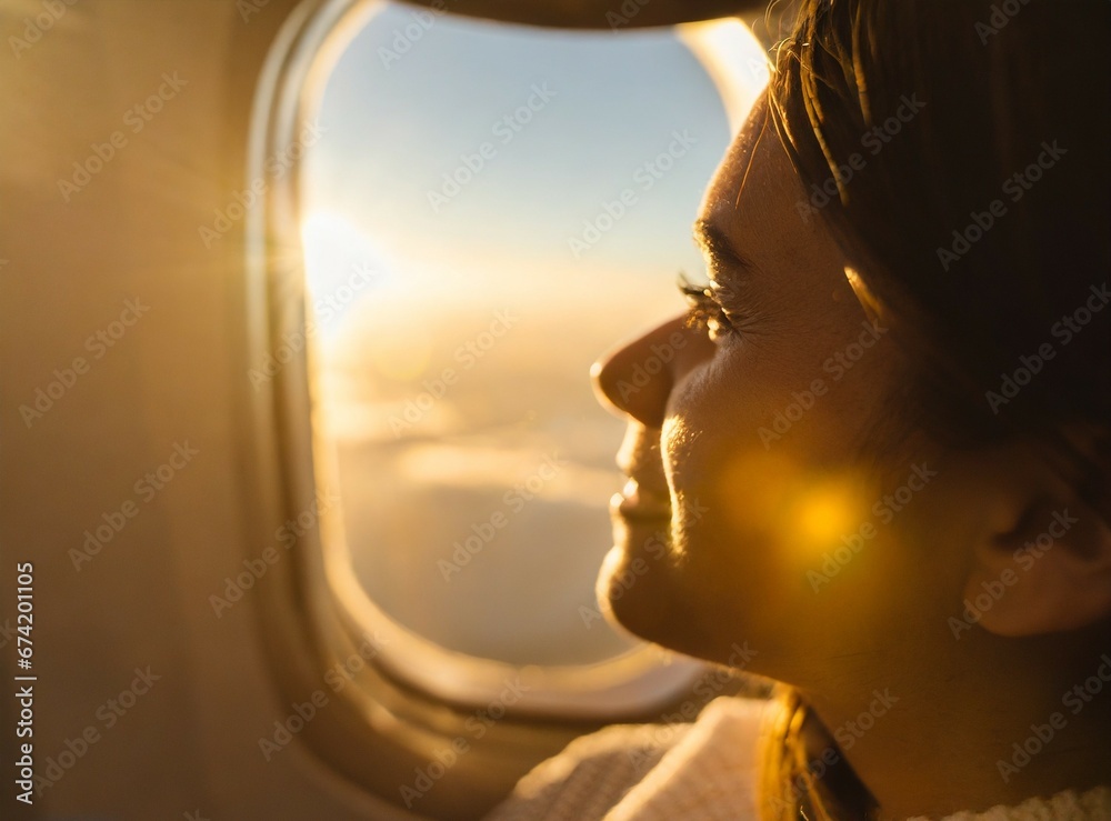 Woman travelling on airplane, face closeup while looking sky through plane window Woman travelling on airplane, face closeup while looking sky through plane window