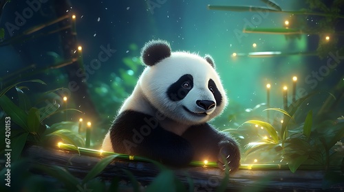 Pandas eat bamboo under the moonlight, the moonlight passes through the bamboo forest, Fireflies, CG © Alin
