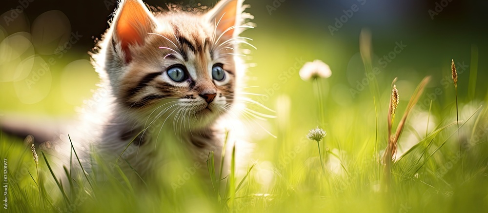 Obraz na płótnie Adorable feline frolicking on verdant turf with a gentle backdrop w salonie
