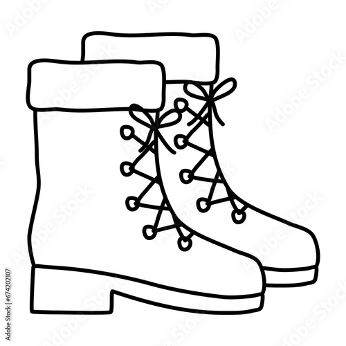 Warm lace up autumn or winter suede boots, doodle style flat vector outline for coloring book