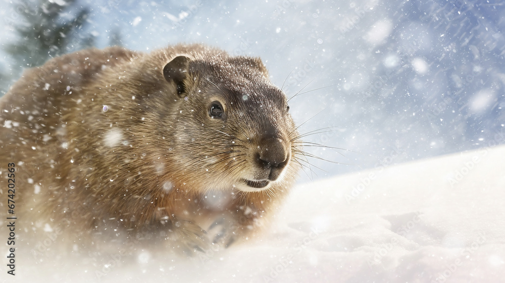 groundhog runs through the winter snow, dynamic pose fluffy rodent falling snow February calendar