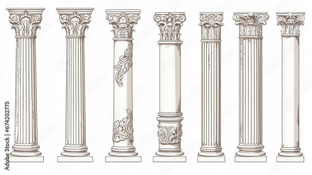 ancient marble columns set collection of isolated architectural elements on a white background ancient marble columns set collection of isolated architectural elements on a white background
