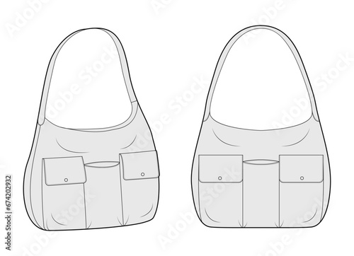 Multi-Compartment Bag with front pockets, hobo silhouette. Fashion accessory technical illustration. Vector satchel front 3-4 view for Men, women, unisex style, flat handbag CAD mockup sketch isolated