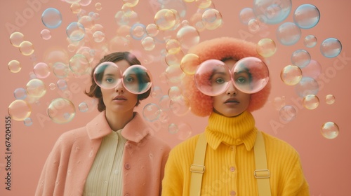 Vintage portrait of two woman with big bubbly glasses standing in front of lots soap bubbles.
