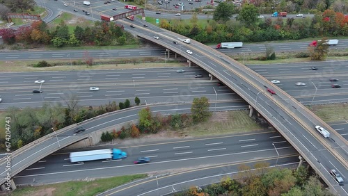 An aerial view of American freeway I-95 NJ Turnpike with heavy traffic moving fast