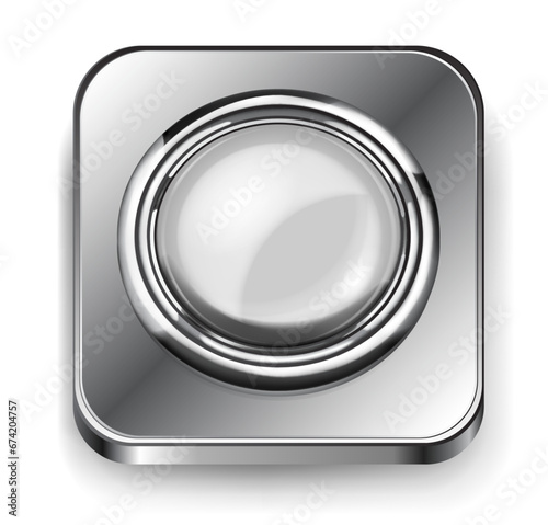 Realistic big white plastic button with shiny metallic border and square metal base with rounded corners. With shadow on white background