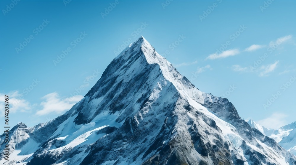 Snow covered mountain, a breathtaking and mesmerizing mountain peak with a clear blue sky in the background,  outdoor adventures and nature 