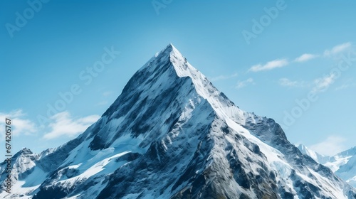 Snow covered mountain, a breathtaking and mesmerizing mountain peak with a clear blue sky in the background, outdoor adventures and nature 