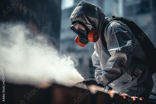 Pest control technician in mask and protective suit spraying lethal gas to exterminate pests photo