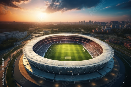 Soccer stadium at brew hour. At the stadium, competitions are held where the success of the athletes' lives is at stake. It is the result of architectural design and construction. © omune