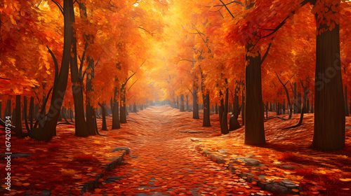 Enchanting autumn forest ablaze with vibrant red, orange, and golden leaves, carpeting the ground in a mosaic of colors. Ai Generated.NO.02 © ZWDQ