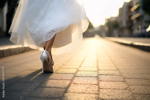 Close up of a woman walking with white bridal high heel shoes and a dress in the background of the street. Design concept of bridal and wedding.