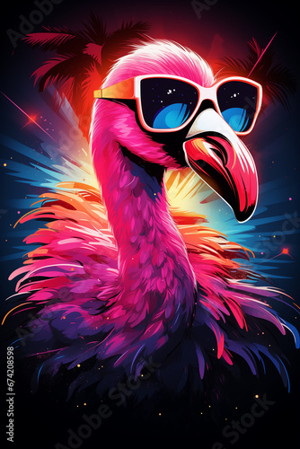 cooler crazy Flamingo Vogel mit Sonnenbrille in Partystimmung mit guter Laune. Hochkant. Hochformat. Generative Ai. photo