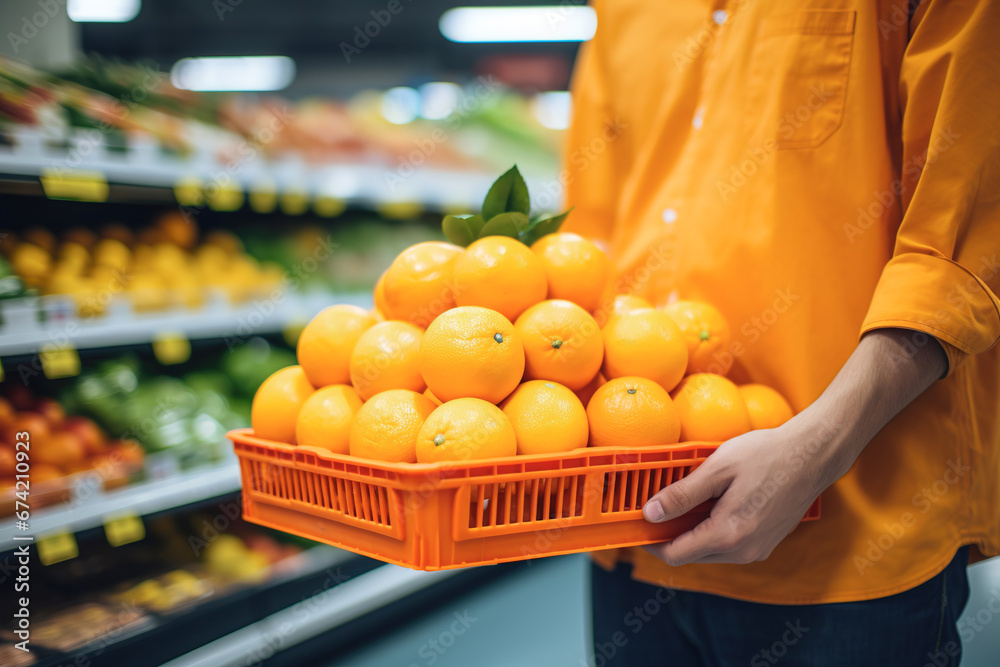 Supermarket employee holding basket with oranges. Close up shot of unrecognizable person