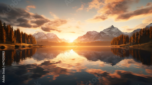 Breathtaking sunrise over a tranquil alpine lake  casting a golden glow upon the mirrored surface  creating a moment of pure serenity. Ai Generated.NO.04