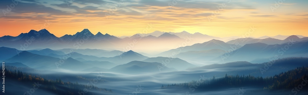 Amazing landscape panoramic view of misty morning in mountain range
