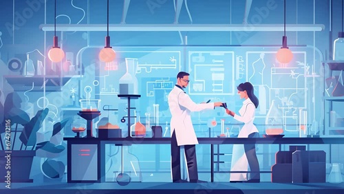 A character is shown inside a lab, experimenting with different emotions and observing their effects on various cartoon character models. 