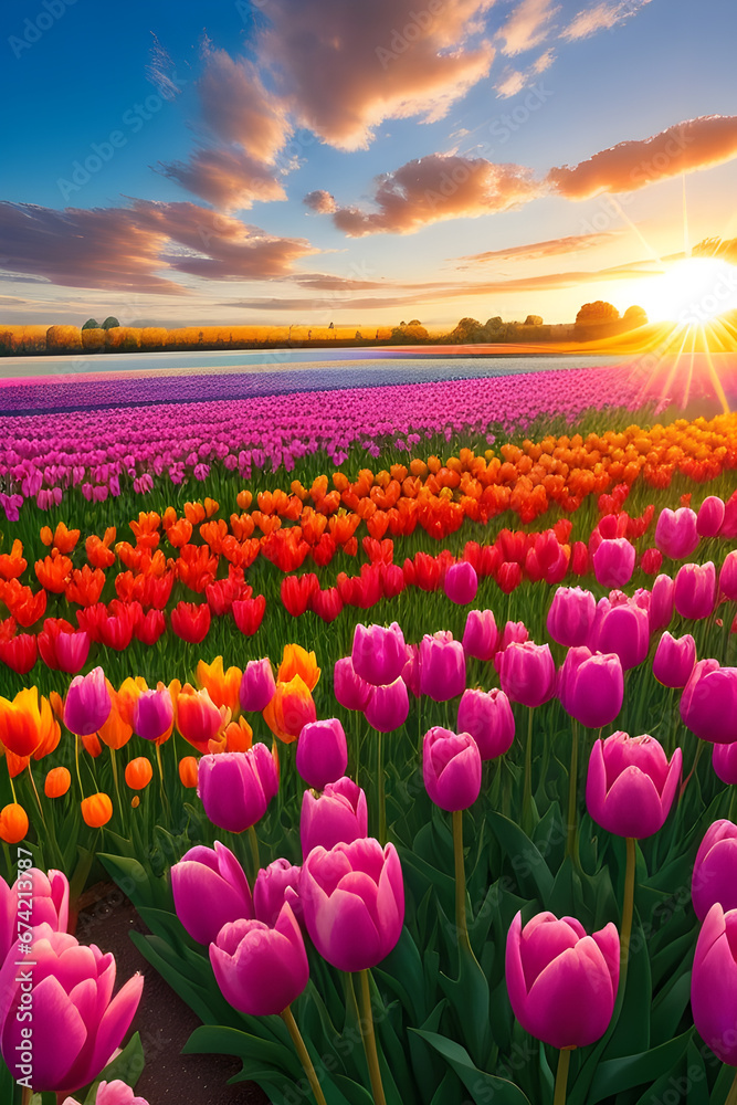 Beautiful of the tulip flowers bed AI Generated