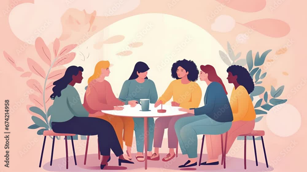 The character attends a support group, featuring various animated characters discussing their mental health struggles and finding solace in shared experiences. 