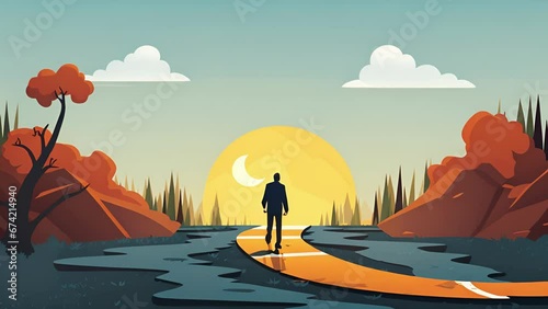 A cartoon character stands at a fork in the road, torn between making a safe but unfulfilling decision and taking a riskier path that could lead to their desired outcome.  photo