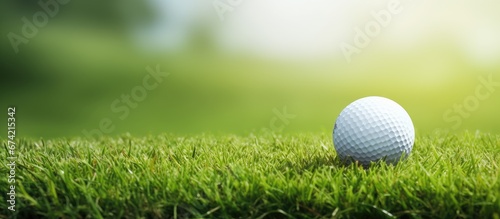 The golf ball is prepared for striking positioned on the vibrant green turf