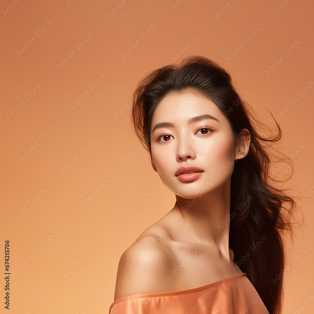 Beautiful Portrait of a Youthful Asian Woman with Long, Dark Hair, Gazing Frontally in Warm Orange Tones Beautiful Portrait of a Youthful Asian Woman with Long, Dark Hair, Gazing Frontally in Warm Orange Tones