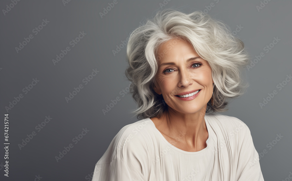 Frontal Portrait of an Attractive Middle-Aged Woman with Beautiful Gray Wavy Hair Frontal Portrait of an Attractive Middle-Aged Woman with Beautiful Gray Wavy Hair