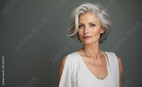 Confident and Elegant Mature Woman with Attractive Gray and White Short Hair