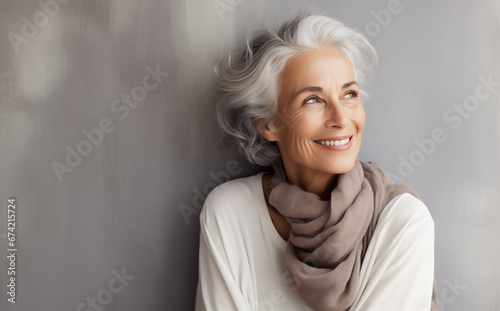 Smiling Middle-Aged Woman with Attractive Gray and White Wavy Short Hair