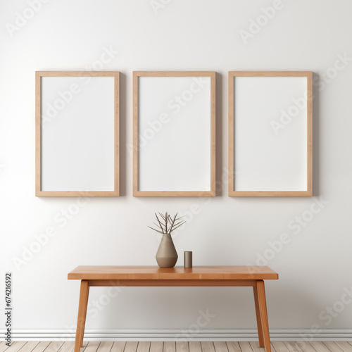 Mockup wooden frame on wooden table in living room