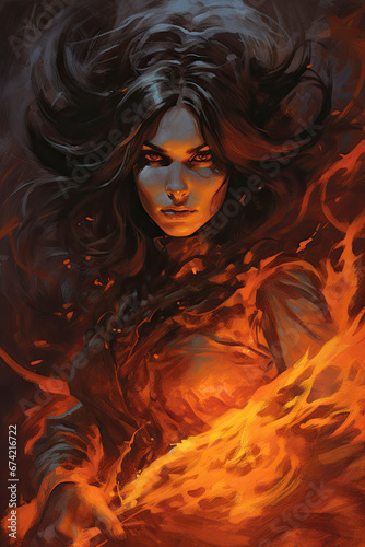 Female Demonologist in Fiery Abyss, Dark Medieval Fantasy, Old School RPG Illustration
