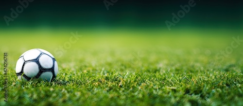 Sport and game concept depicted in a close up image of a soccer field showcasing the lines and grass