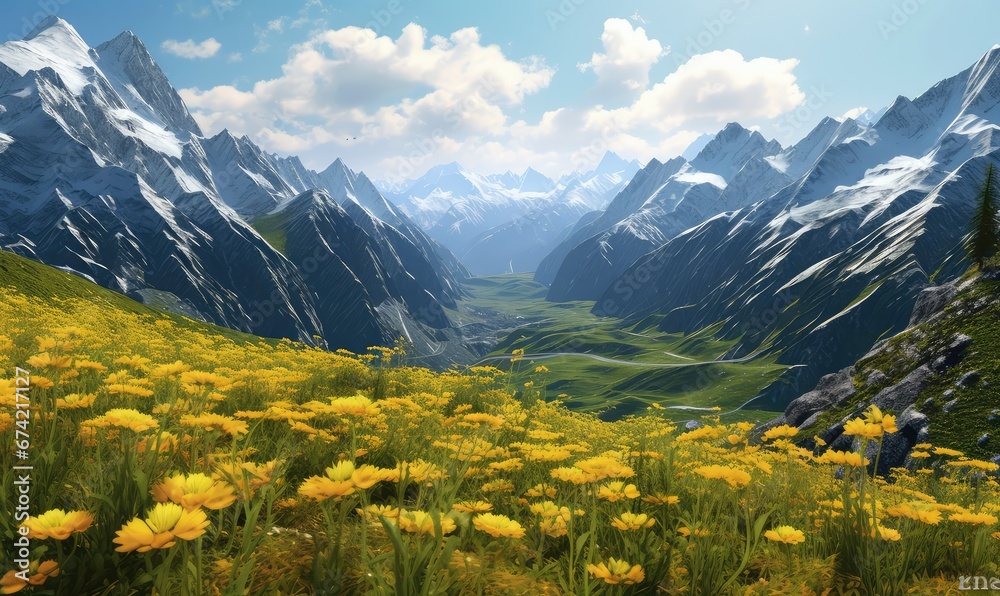 photograph of an alpine landscape with wild flowers in the foreground and mountains in the background at sunset