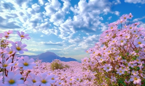 Flowers white clouds blue sky