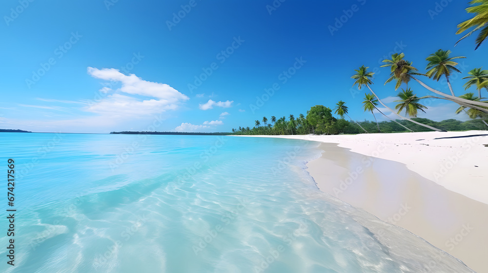 Fototapeta premium Pristine white sand beach lapped by crystal-clear turquoise waters, inviting visitors to indulge in pure relaxation. Ai Generated.NO.03