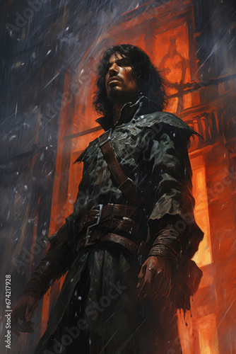 Male Warlock in Stormy Tower  , Dark Medieval Fantasy,Old School  RPG Illustration