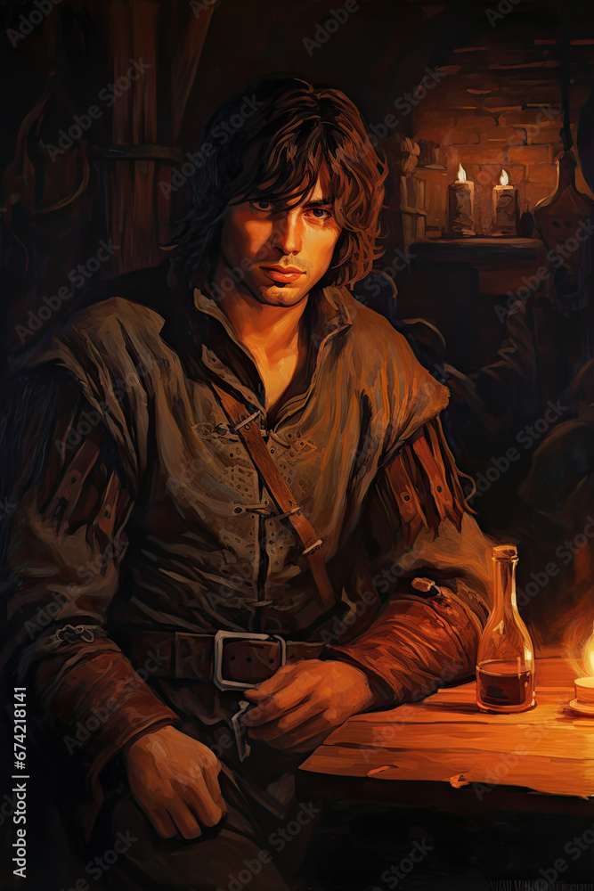 Mysterious Rogue in Shadowy Tavern
, Dark Medieval Fantasy,Old School RPG Illustration Mysterious Rogue in Shadowy Tavern
, Dark Medieval Fantasy,Old School RPG Illustration