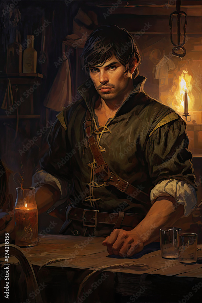 Mysterious Rogue in Dark Tavern
, Dark Medieval Fantasy,Old School RPG Illustration Mysterious Rogue in Dark Tavern
, Dark Medieval Fantasy,Old School RPG Illustration