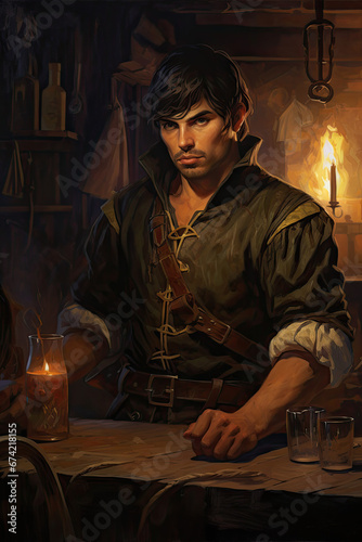 Mysterious Rogue in Dark Tavern , Dark Medieval Fantasy,Old School RPG Illustration