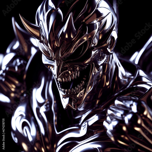 A silver shiny platinum and Akuma mask demon slayer with blank black background photo