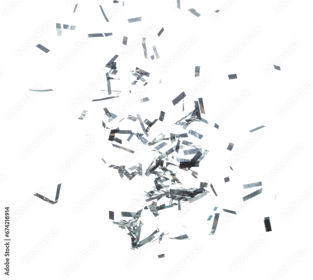 Silver Confetti Foil fall splashing in air. Silver Confetti Foil explosion flying, abstract cloud fly. Many Party glitter scatter in many group. White background isolated high speed shutter freeze Silver Confetti Foil fall splashing in air. Silver Confetti Foil explosion flying, abstract cloud fly. Many Party glitter scatter in many group. White background isolated high speed shutter freeze