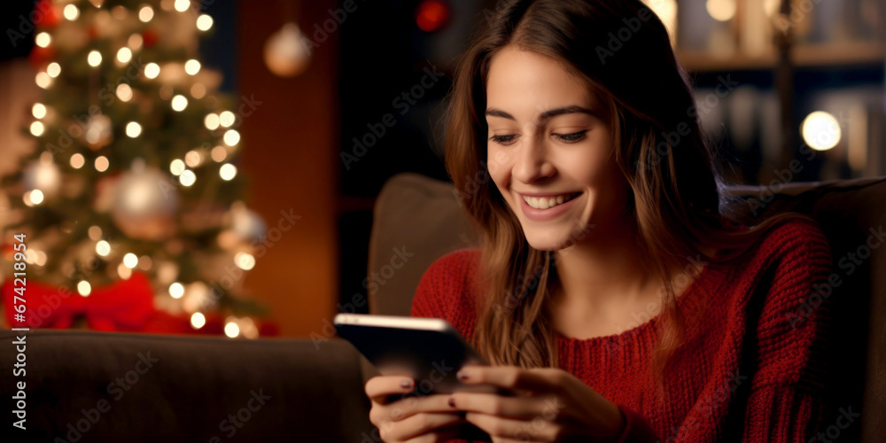 A girl reading her iPad at Christmas. A girl reading her iPad at Christmas.