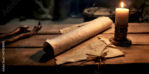 An old scroll laying on a table by candlelight. photo