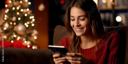 A girl reading her iPad at Christmas.