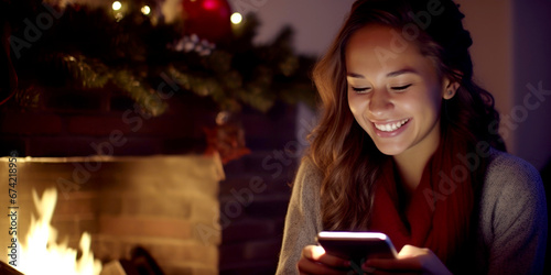 A girl reading her phone messages at Christmas.